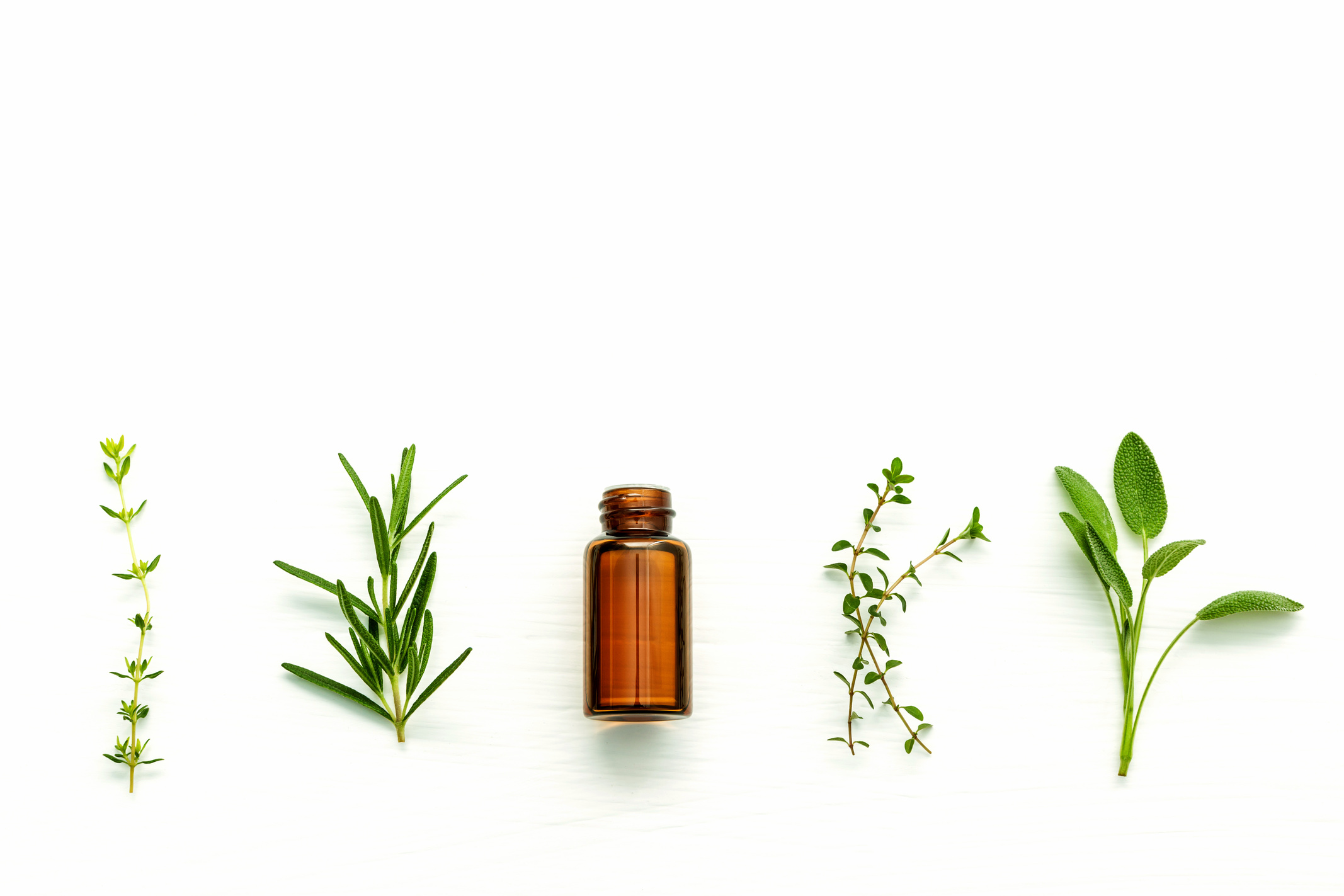 Bottle of essential oil with  fresh herbal sage, rosemary, thyme